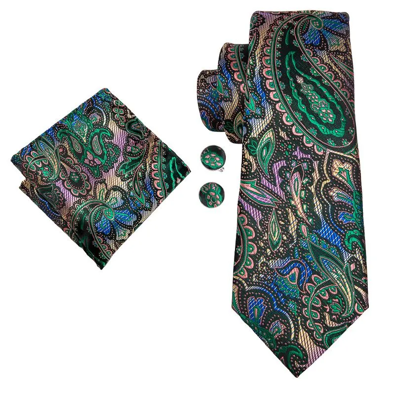 Hi-Tie Black Teal Green Paisley Silk Tie Pocket Square Cufflinks Set