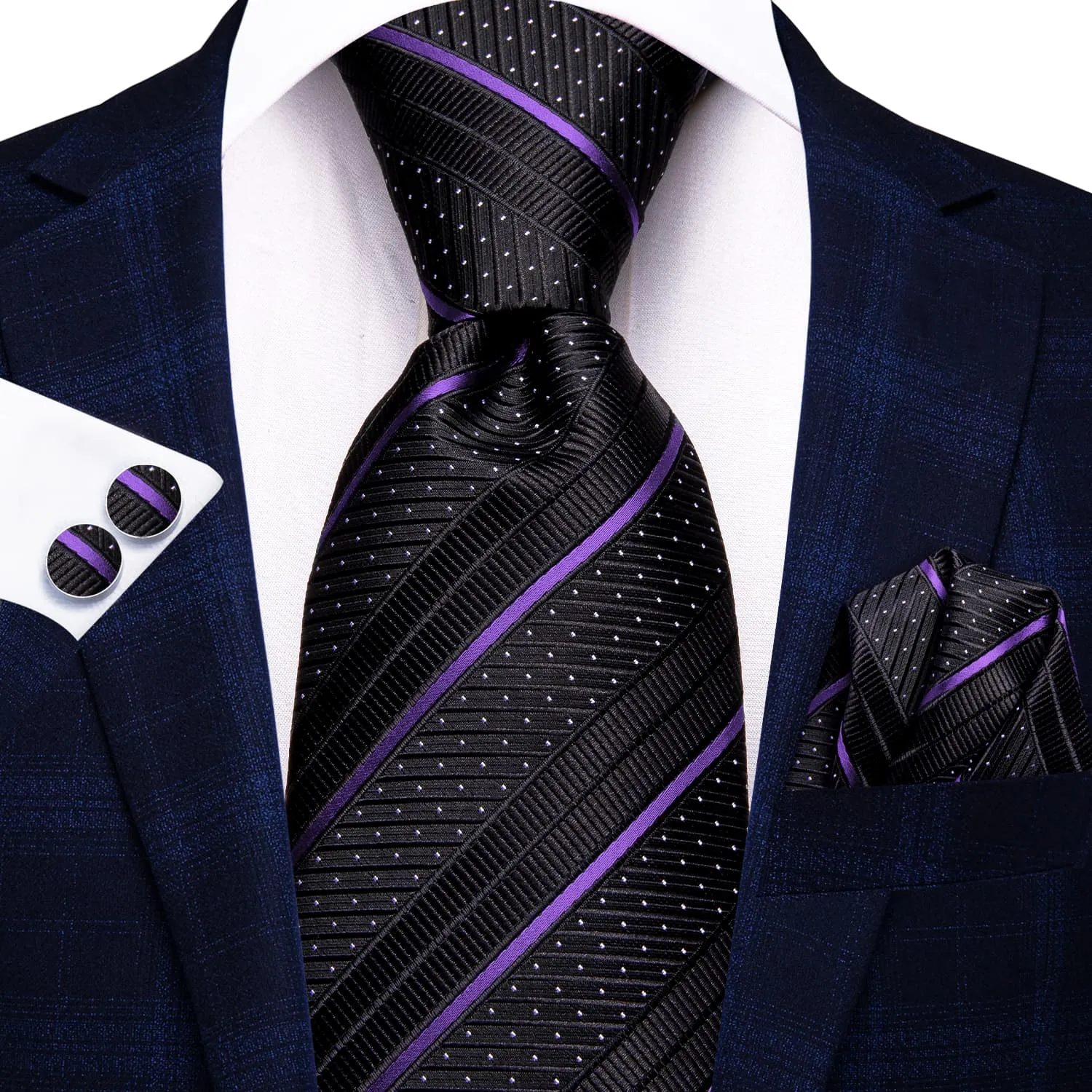 Hi-Tie Black Tie Purple Stripes White Dots Formal Neck Tie Set for Men