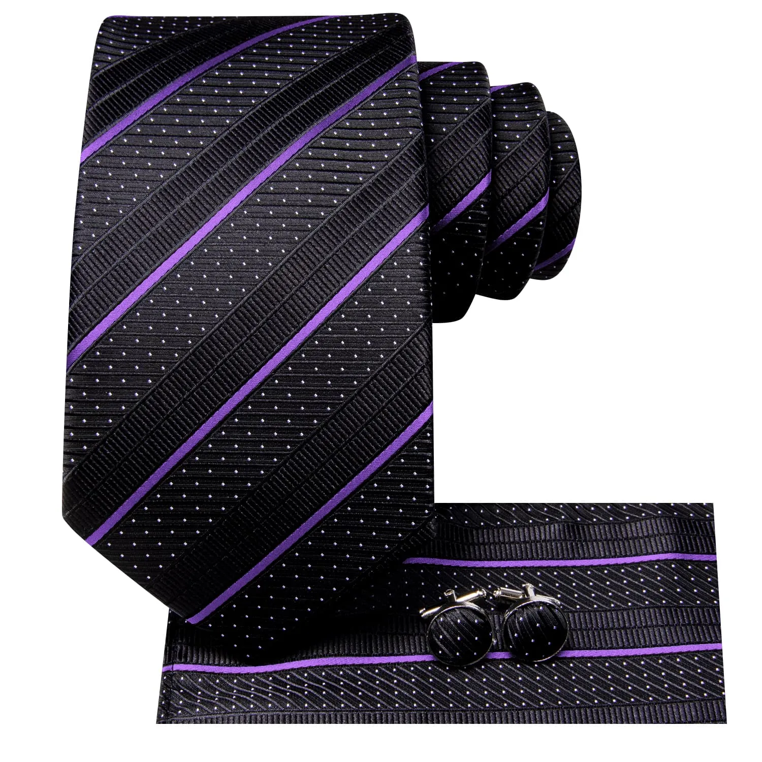 Hi-Tie Black Tie Purple Stripes White Dots Formal Neck Tie Set for Men