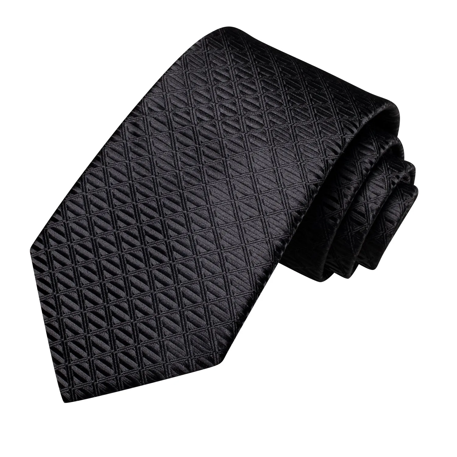 Hi-Tie Black Ties Novelty Plaid Silk Tie Pocket Square Cufflinks Set