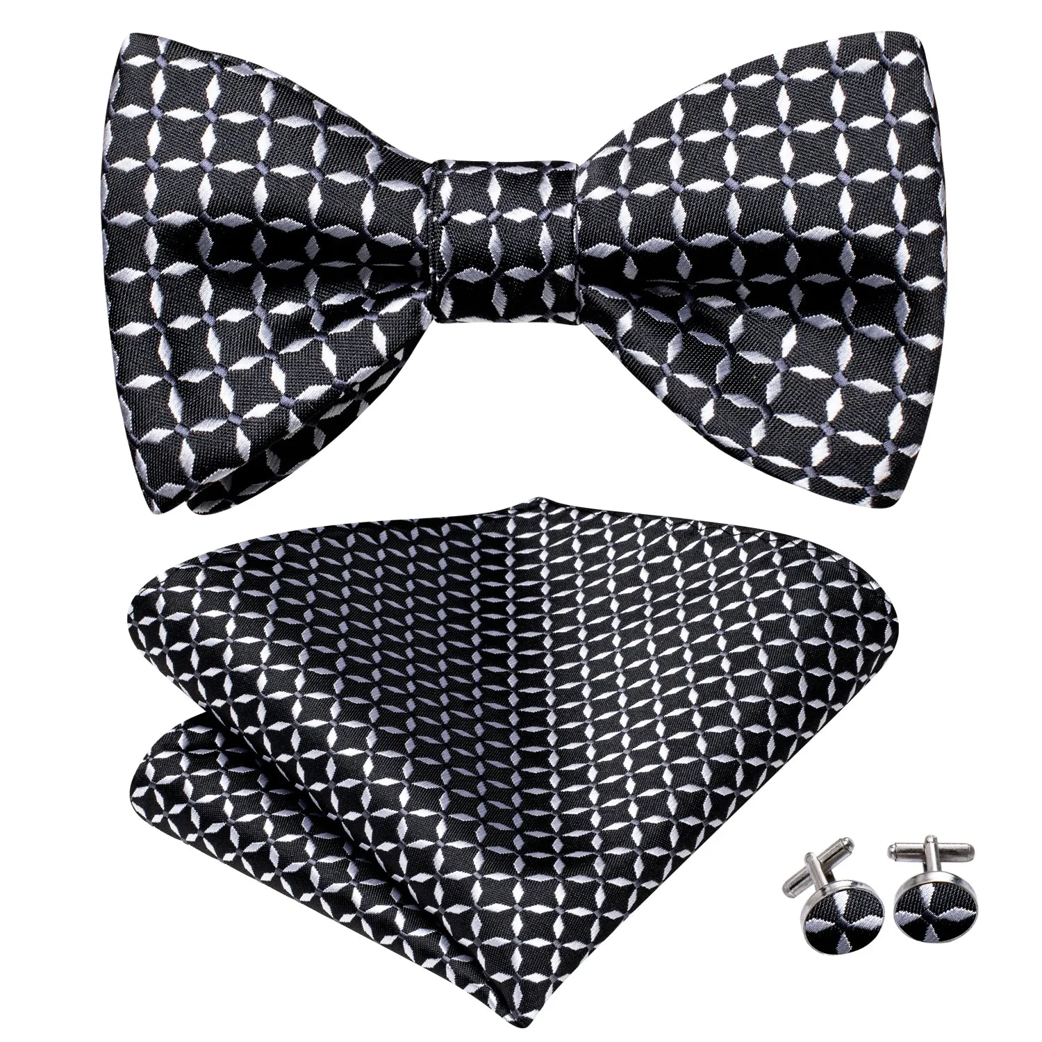 Hi-Tie Black White Plaid Novelty Self-tied Bow Tie Hanky Cufflinks Set