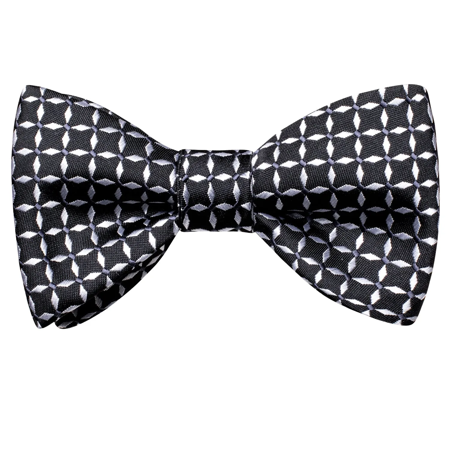 Hi-Tie Black White Plaid Novelty Self-tied Bow Tie Hanky Cufflinks Set