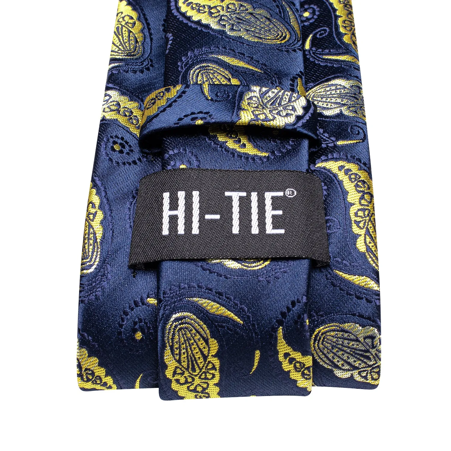 Hi-Tie Blue Necktie Yellow Paisley Men Tie Pocket Square Cufflinks Set