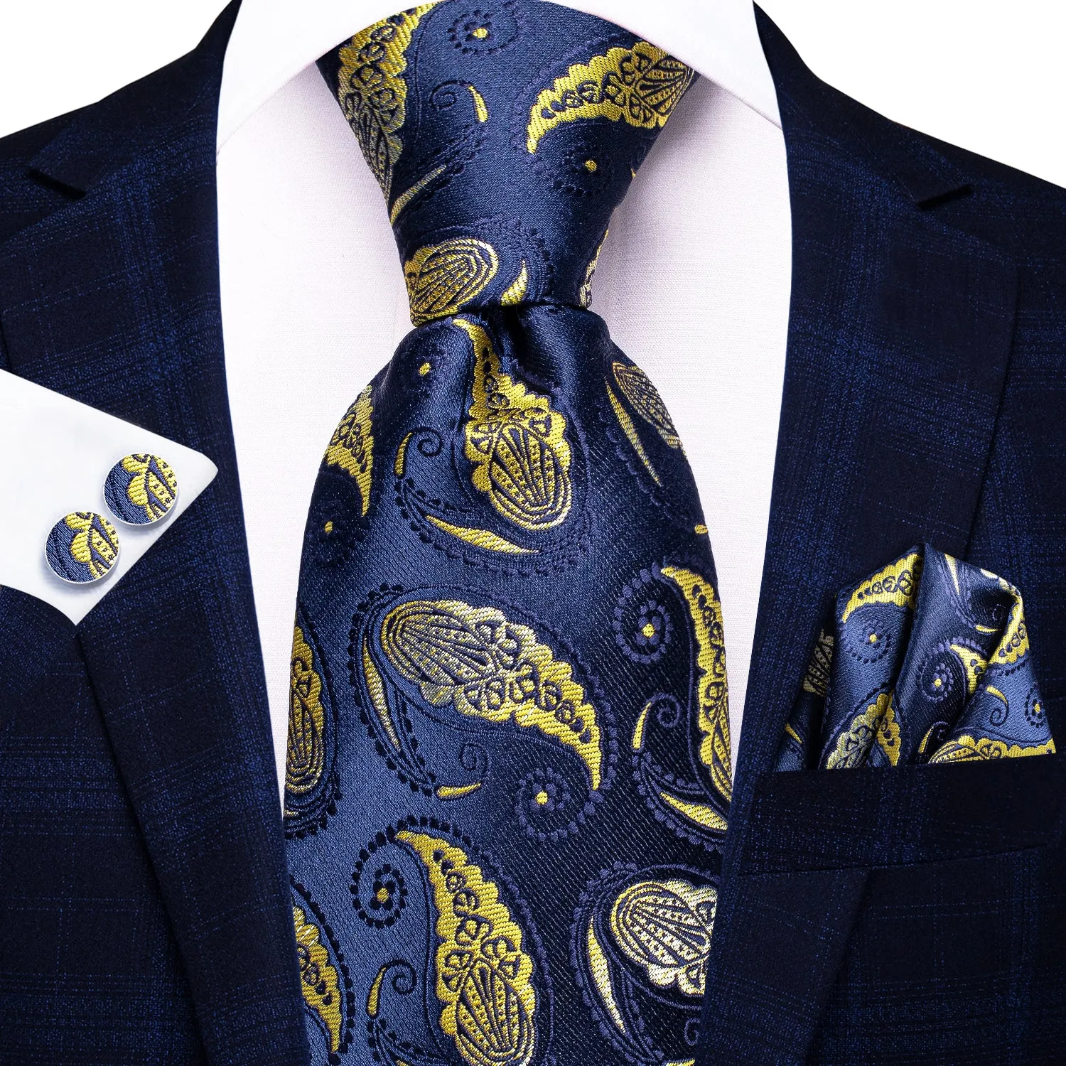 Hi-Tie Blue Necktie Yellow Paisley Men Tie Pocket Square Cufflinks Set