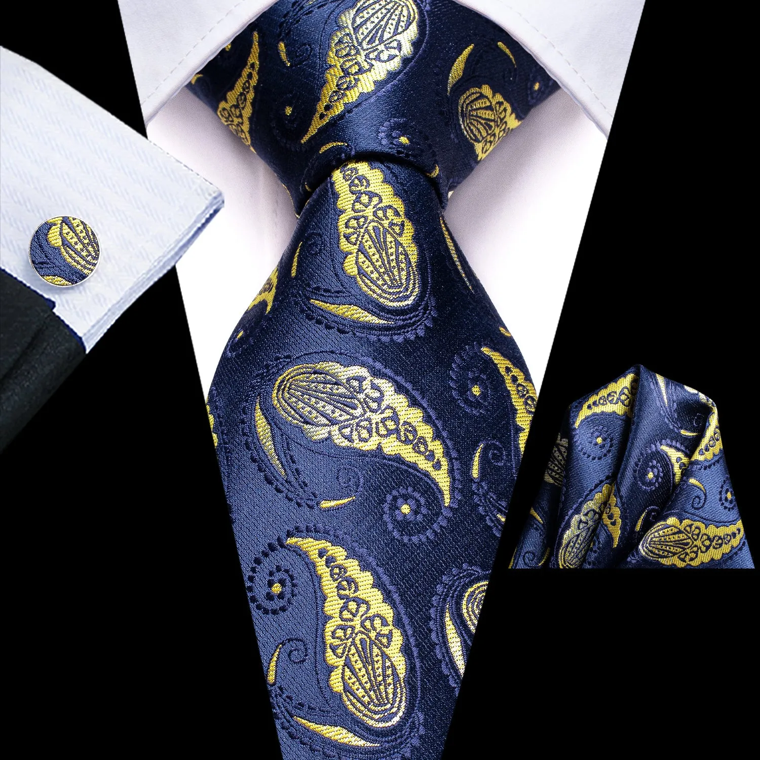 Hi-Tie Blue Necktie Yellow Paisley Men Tie Pocket Square Cufflinks Set