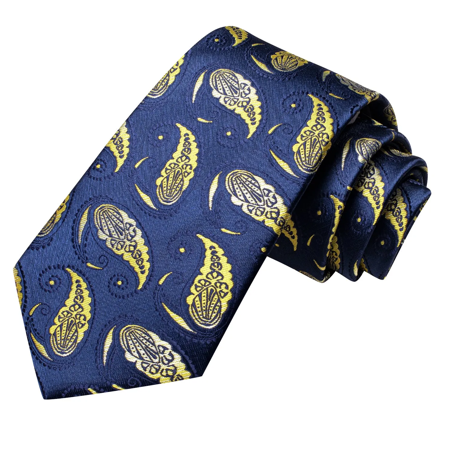 Hi-Tie Blue Necktie Yellow Paisley Men Tie Pocket Square Cufflinks Set