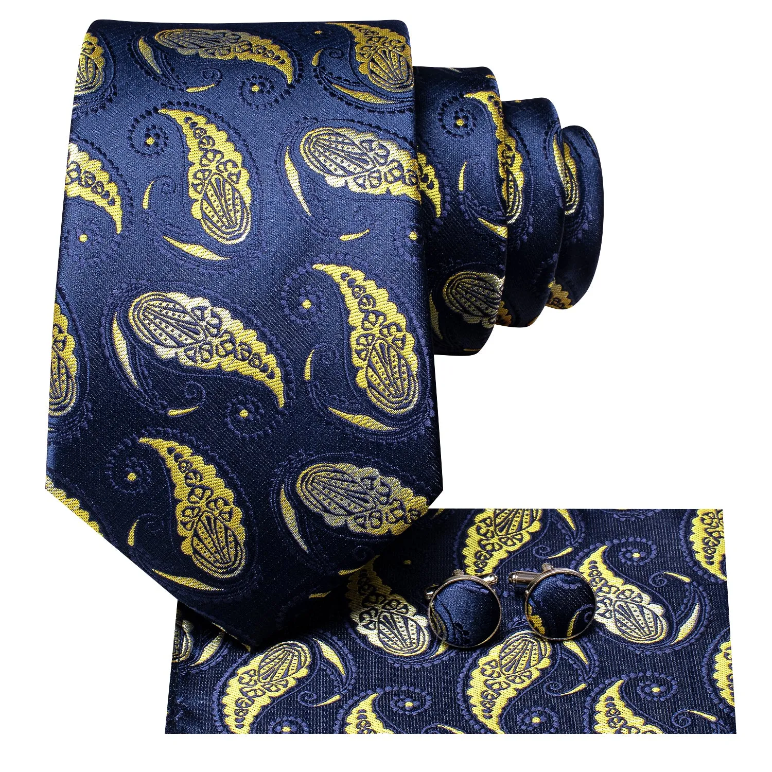 Hi-Tie Blue Necktie Yellow Paisley Men Tie Pocket Square Cufflinks Set