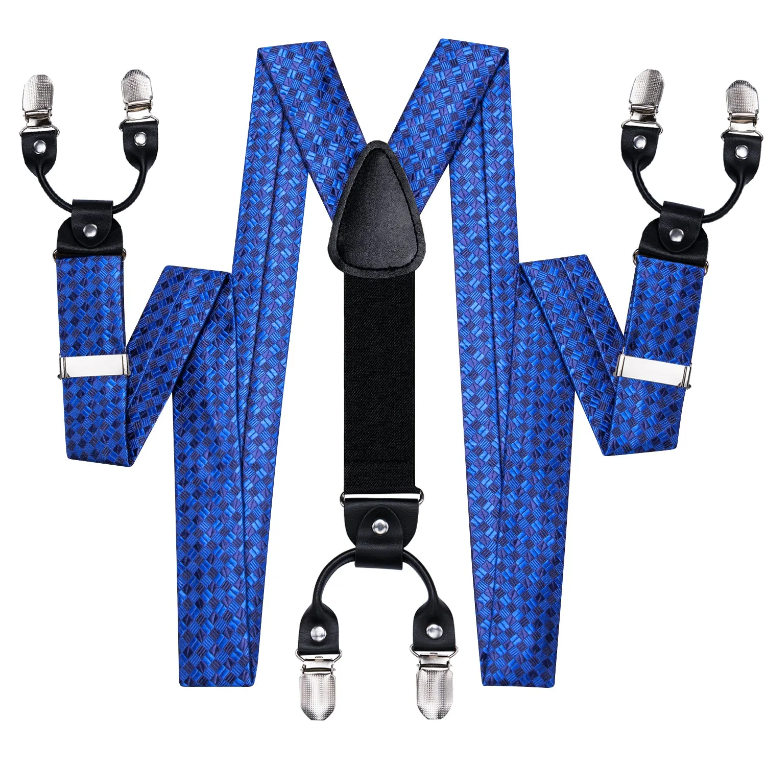 Hi-Tie Blue Plaid Men's Suspender Bowtie Pocket Square Cufflinks Set