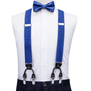 Hi-Tie Blue Plaid Men's Suspender Bowtie Pocket Square Cufflinks Set