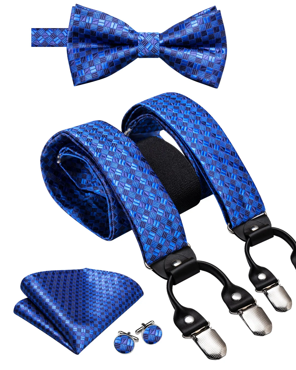 Hi-Tie Blue Plaid Men's Suspender Bowtie Pocket Square Cufflinks Set