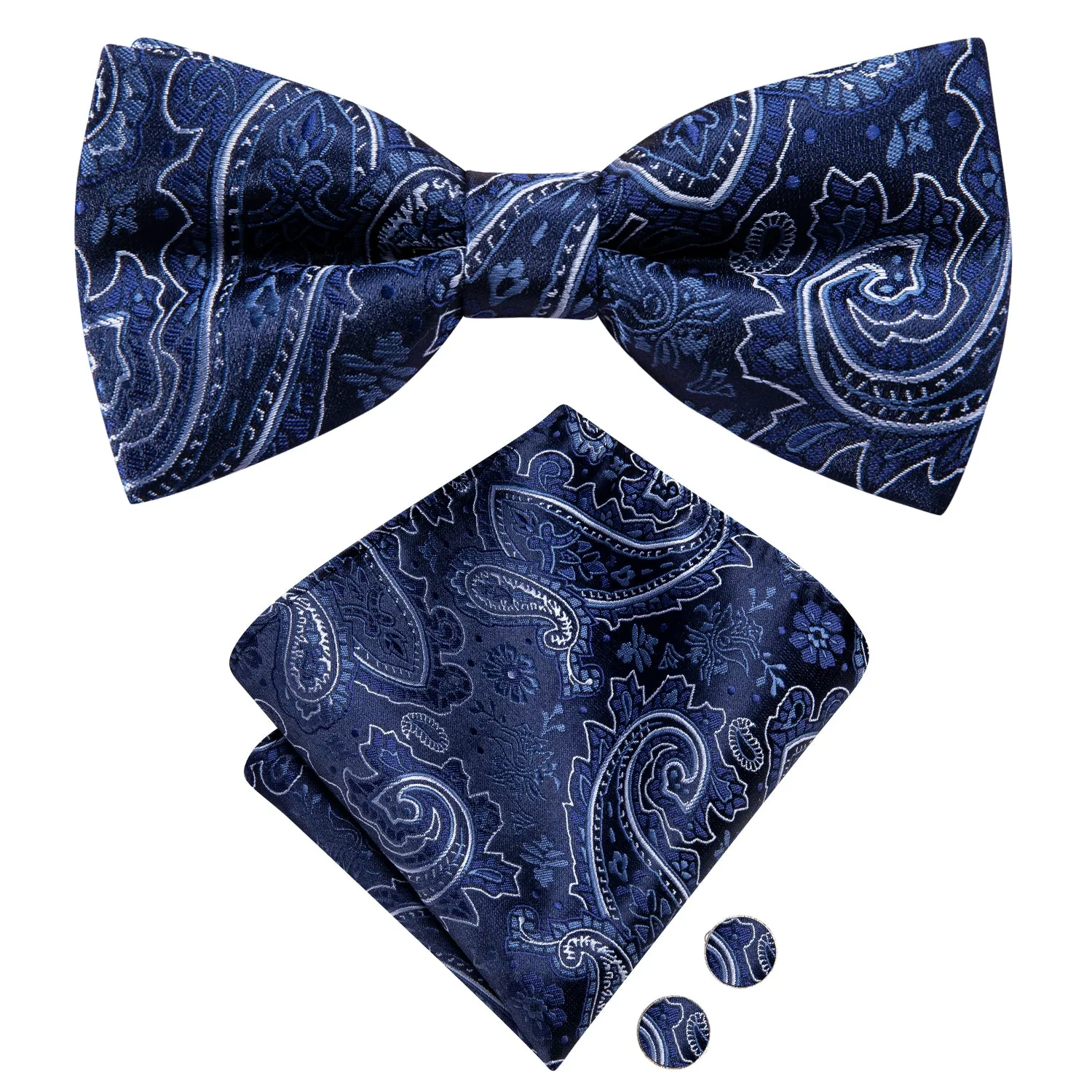 Hi-Tie Blue White Paisley Silk Pre-tied Bow Tie Hanky Cufflinks Set