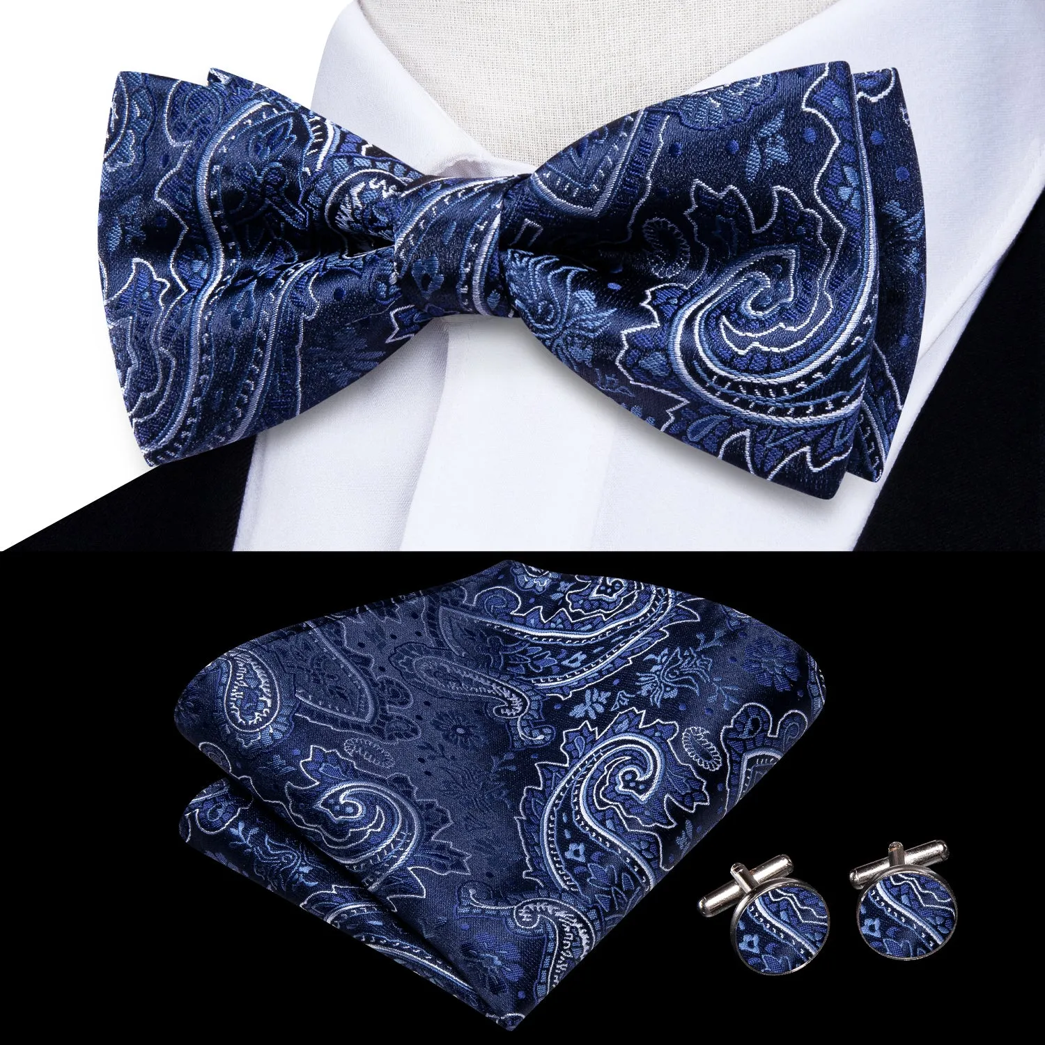 Hi-Tie Blue White Paisley Silk Pre-tied Bow Tie Hanky Cufflinks Set