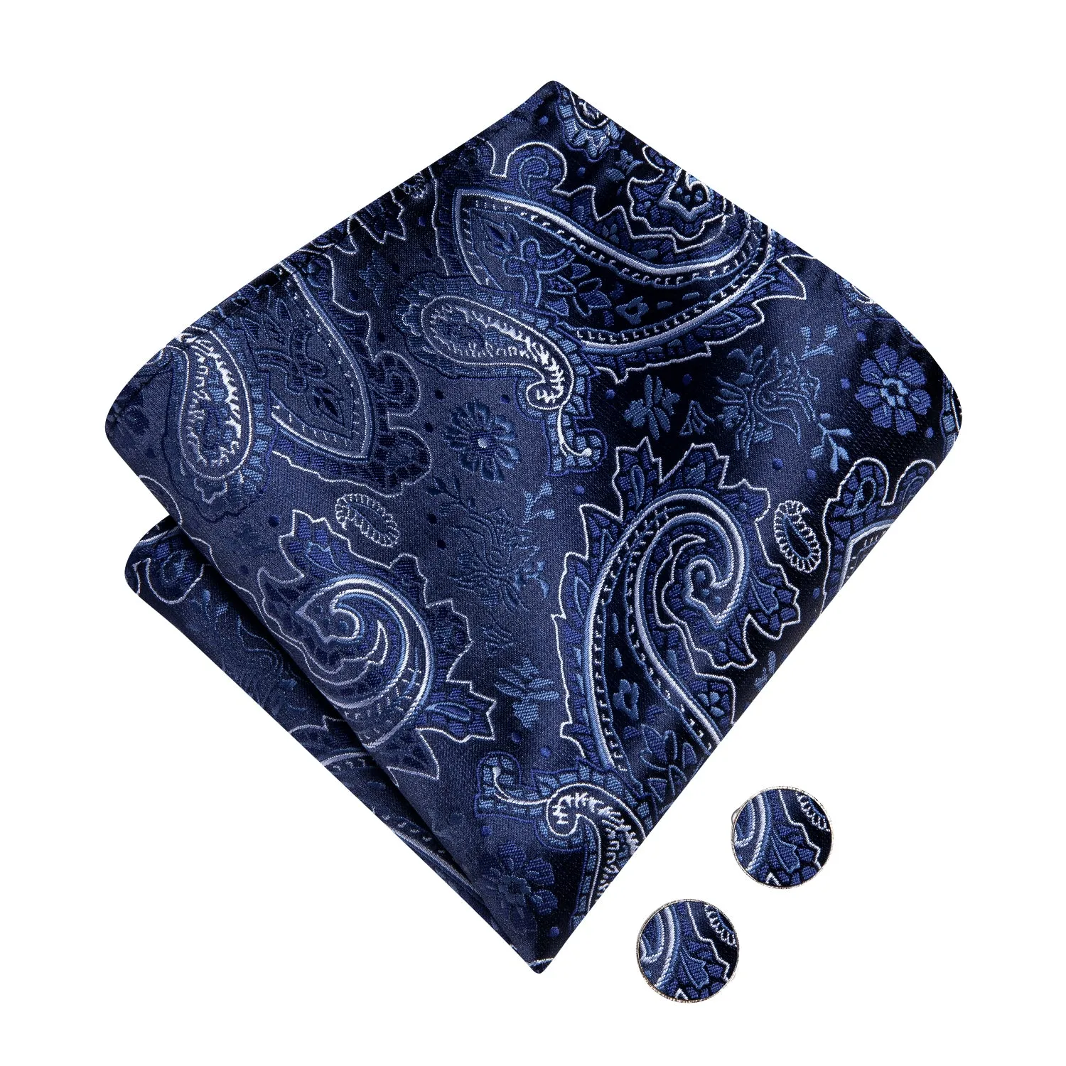 Hi-Tie Blue White Paisley Silk Pre-tied Bow Tie Hanky Cufflinks Set