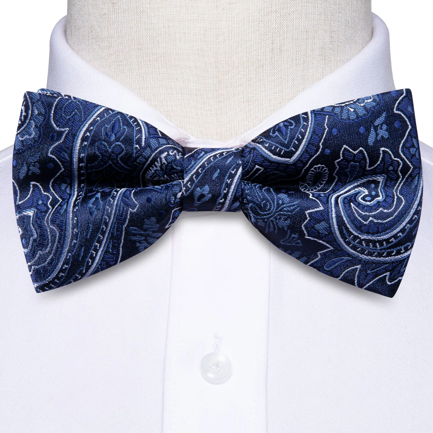 Hi-Tie Blue White Paisley Silk Pre-tied Bow Tie Hanky Cufflinks Set