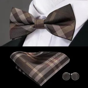 Hi-Tie Brown Plaid Pre-tied Mens Checkered Bow Tie Hanky Cufflinks Set