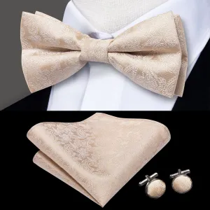 Hi-Tie Champagne White Paisley Pre-tied Bow Tie Hanky Cufflinks Set