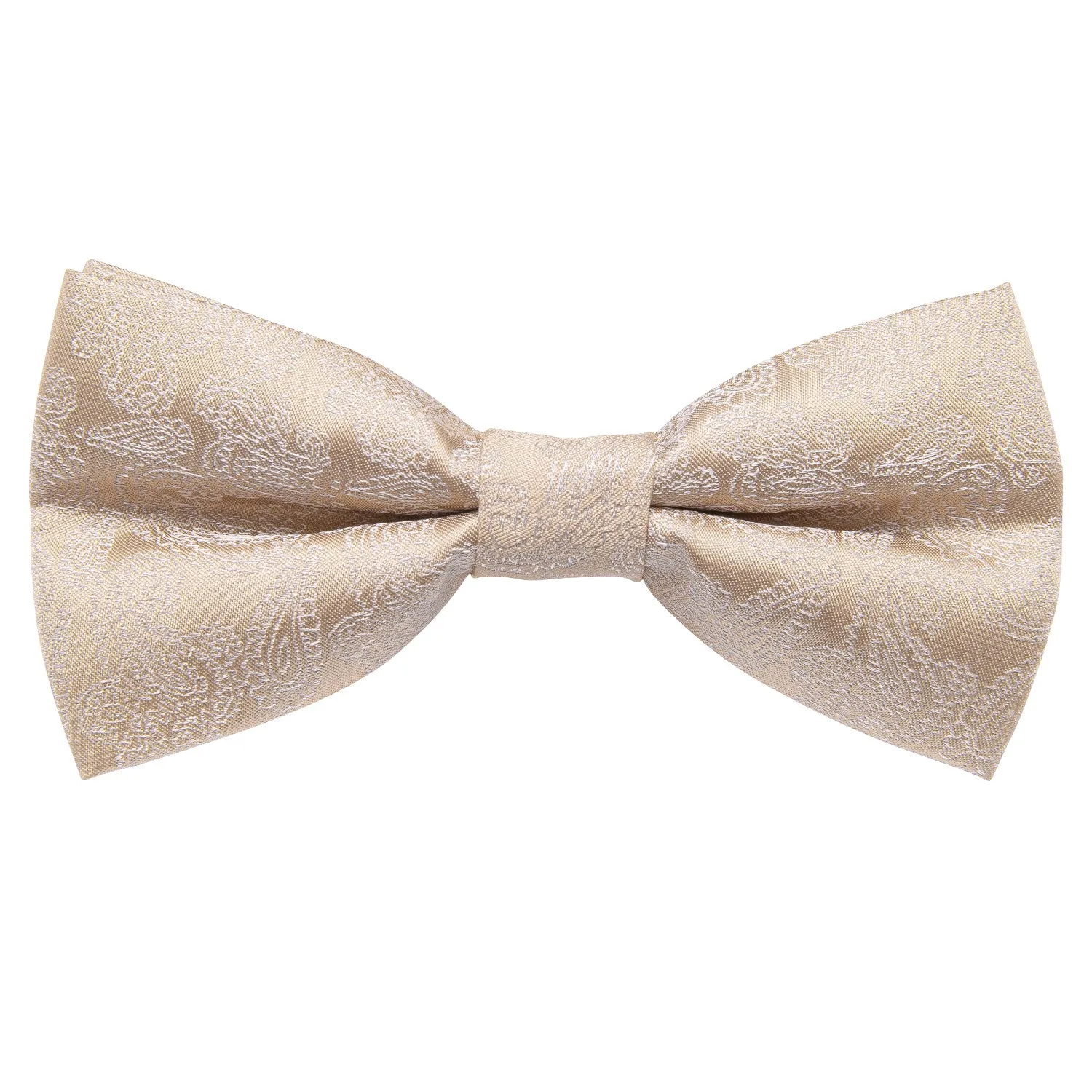 Hi-Tie Champagne White Paisley Pre-tied Bow Tie Hanky Cufflinks Set