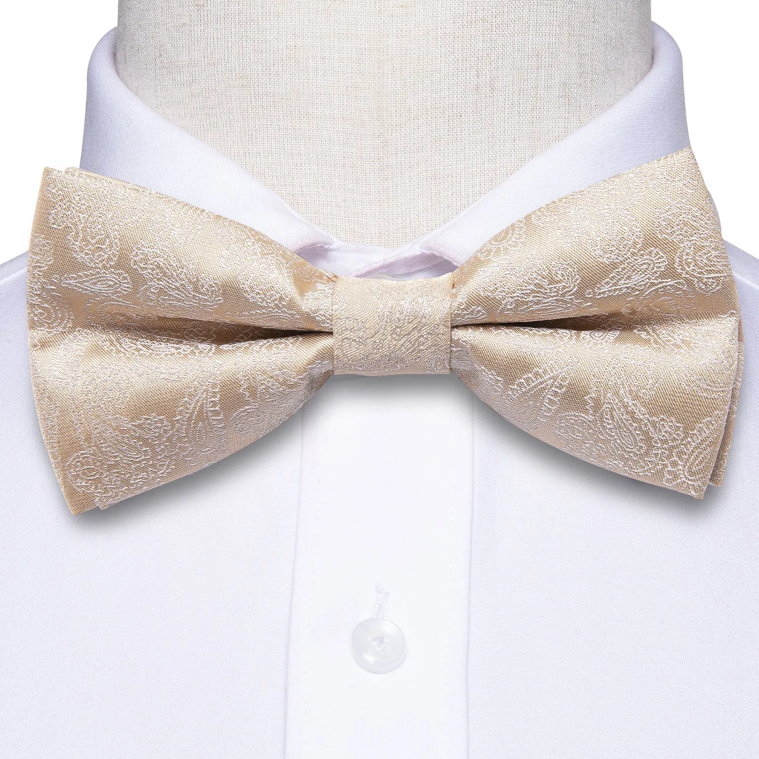 Hi-Tie Champagne White Paisley Pre-tied Bow Tie Hanky Cufflinks Set