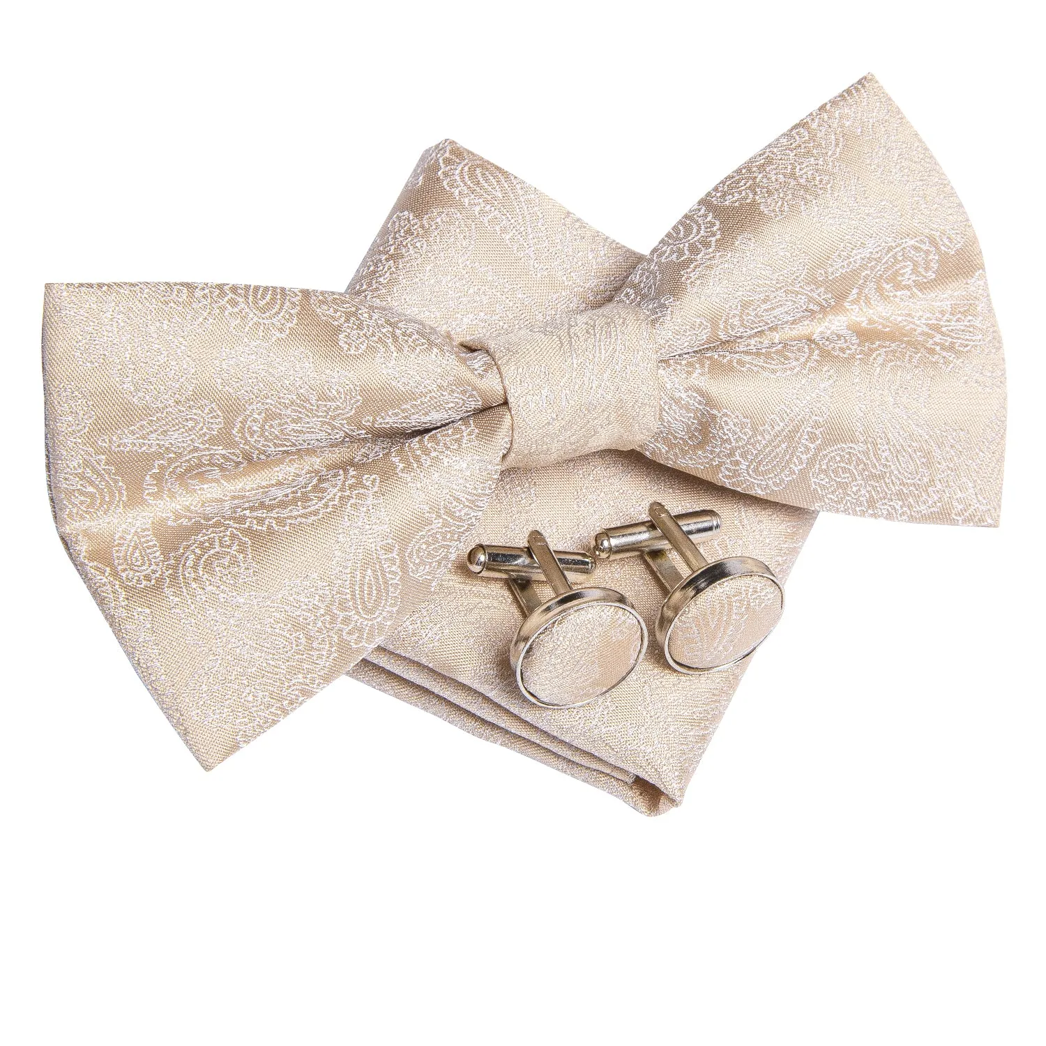 Hi-Tie Champagne White Paisley Pre-tied Bow Tie Hanky Cufflinks Set