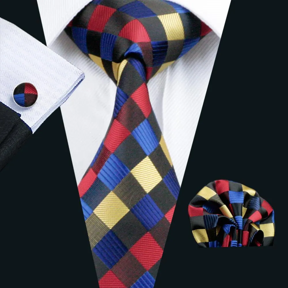 Hi-Tie Checkered Neck Tie Red Yellow Blue Plaid Silk Men's Necktie Set