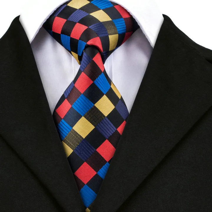 Hi-Tie Checkered Neck Tie Red Yellow Blue Plaid Silk Men's Necktie Set