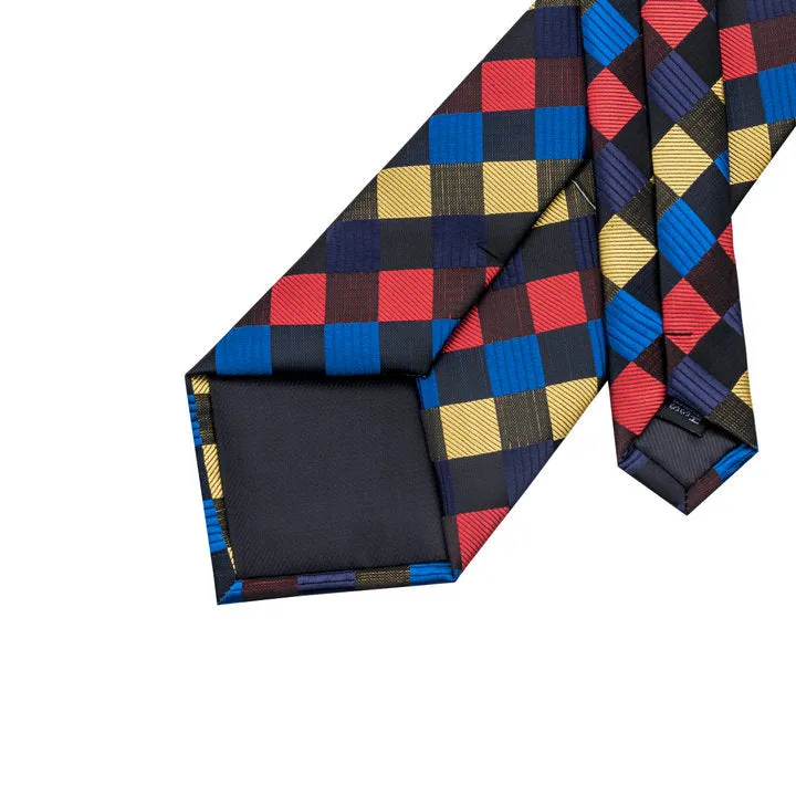 Hi-Tie Checkered Neck Tie Red Yellow Blue Plaid Silk Men's Necktie Set