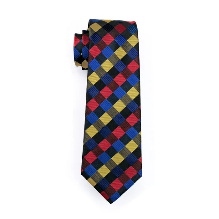 Hi-Tie Checkered Neck Tie Red Yellow Blue Plaid Silk Men's Necktie Set