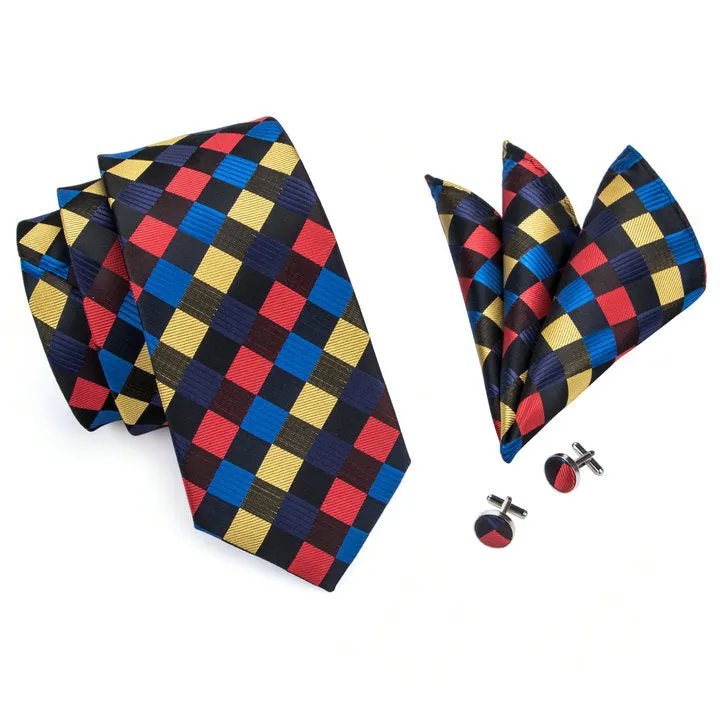 Hi-Tie Checkered Neck Tie Red Yellow Blue Plaid Silk Men's Necktie Set