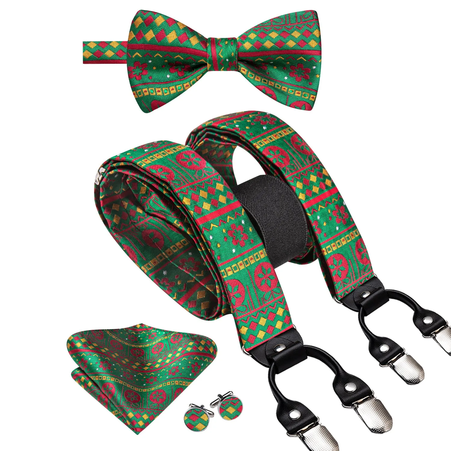 Hi-Tie Christmas Green Red Novelty Suspender Bowtie Hanky Cufflinks Set