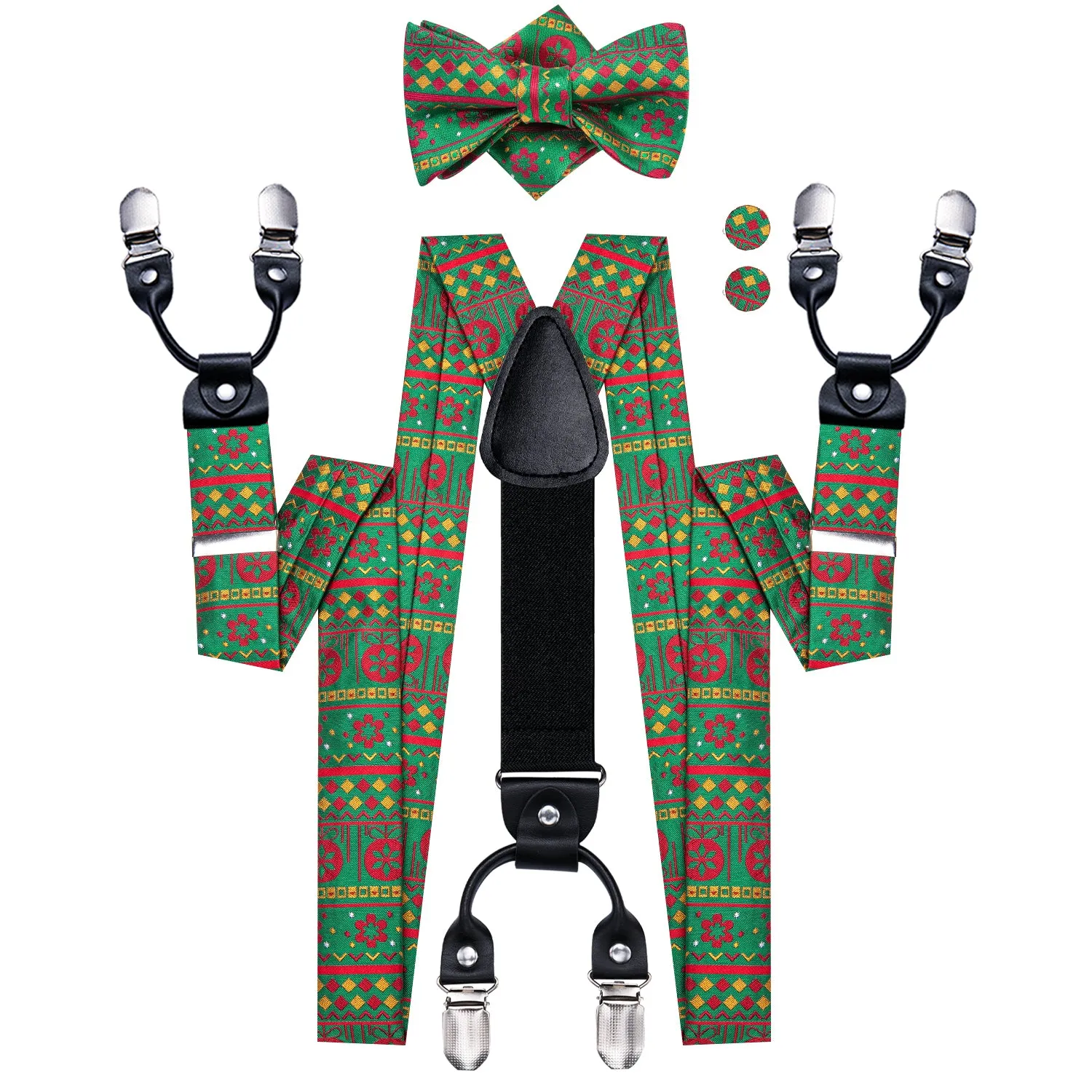 Hi-Tie Christmas Green Red Novelty Suspender Bowtie Hanky Cufflinks Set