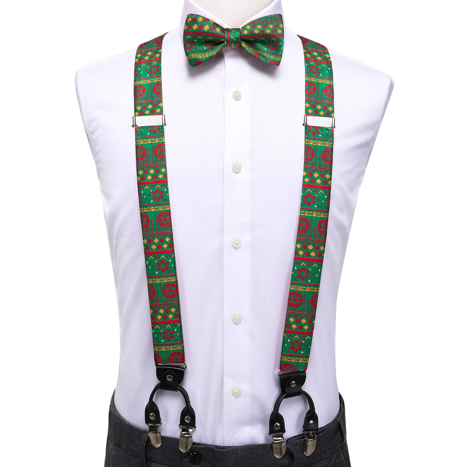 Hi-Tie Christmas Green Red Novelty Suspender Bowtie Hanky Cufflinks Set