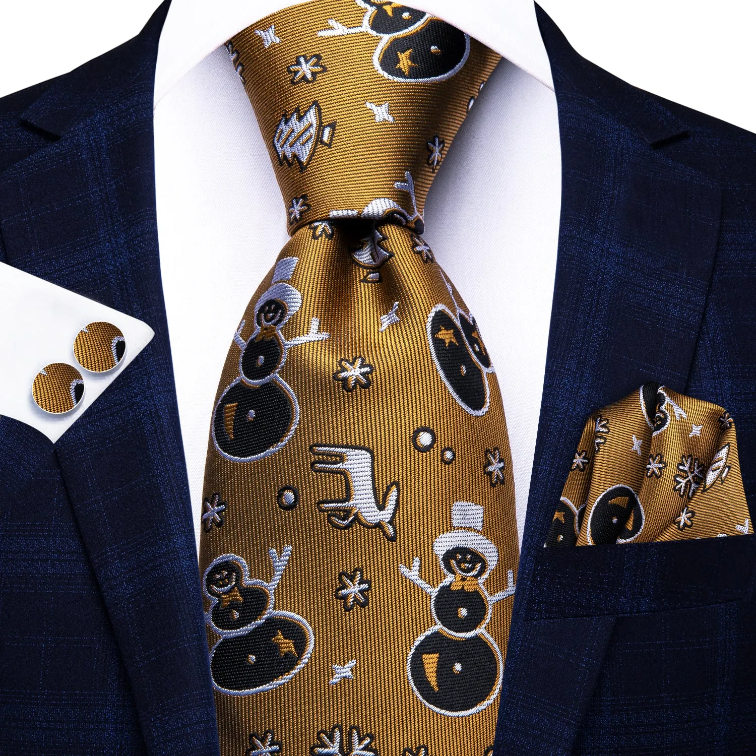 Hi-Tie Christmas Olive White Black Snowflake Deer Snowmen Neck Tie Set