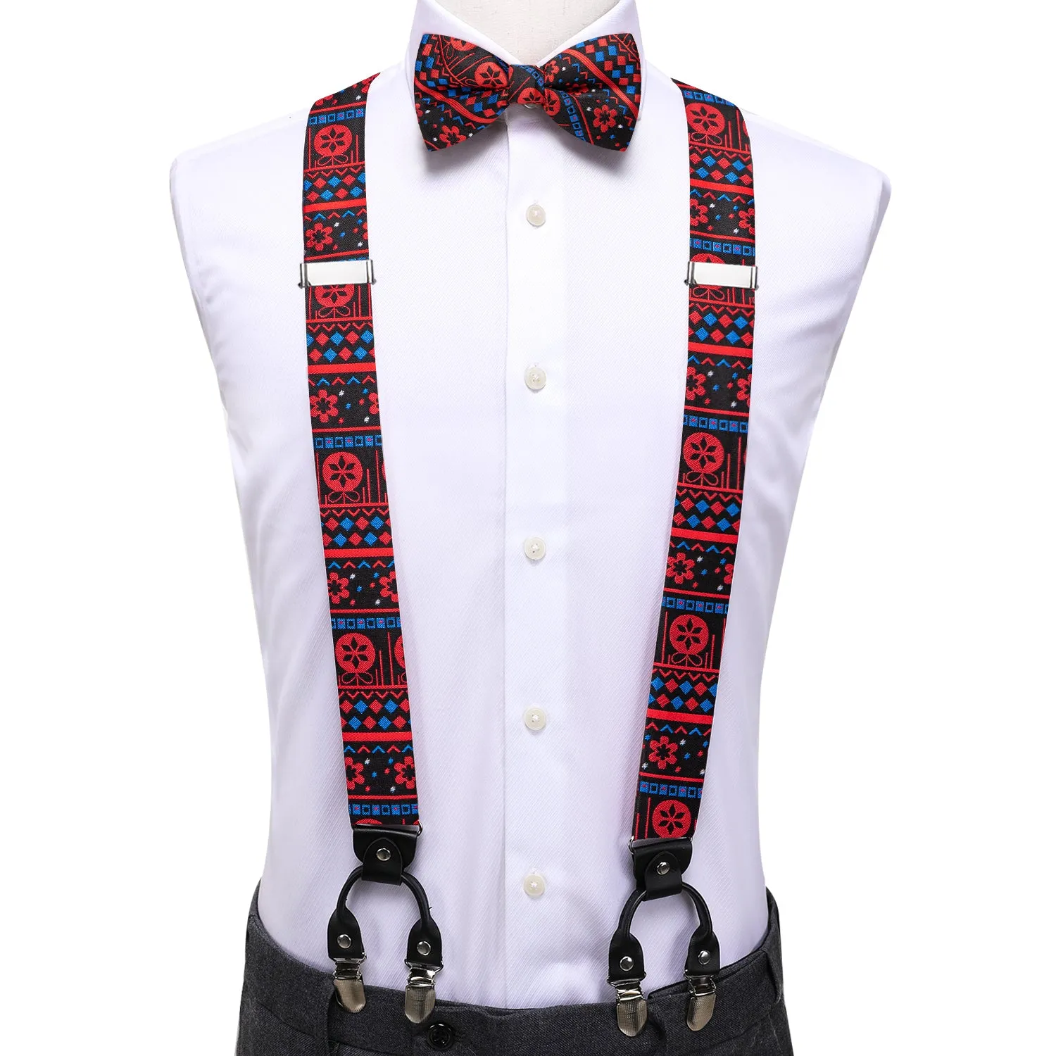 Hi-Tie Christmas Red Black Novelty Suspender Bowtie Hanky Cufflinks Set