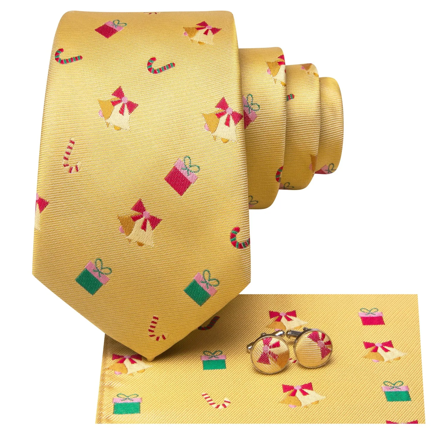 Hi-Tie Christmas Yellow Novelty Men's Tie Pocket Square Cufflinks Set