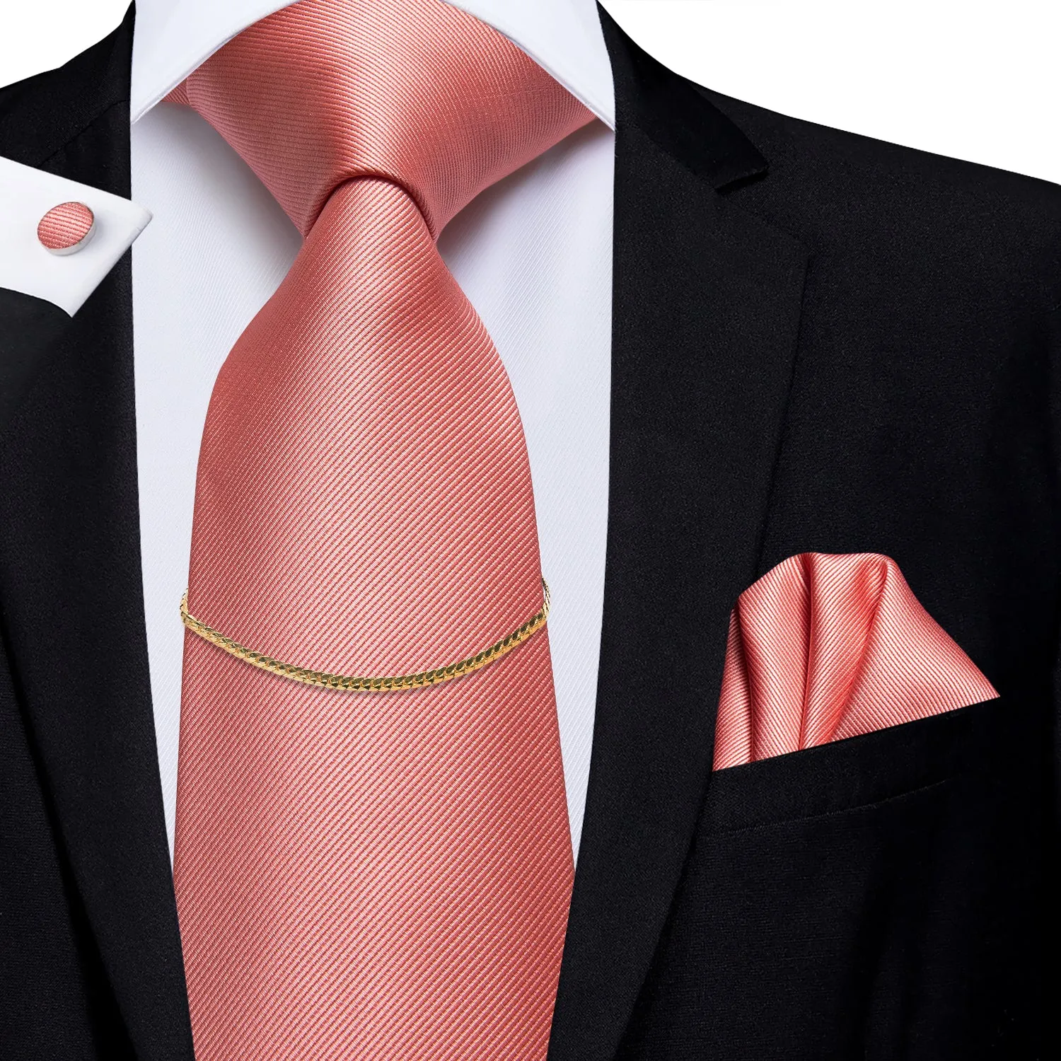 Hi-Tie Coral solid Tie Handkerchief Cufflinks Set With Golden Chain