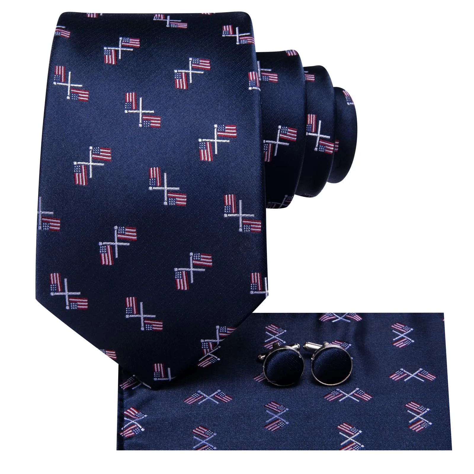 Hi-Tie Dark Blue Tie American Flag Pattern Men's Festival Necktie Set