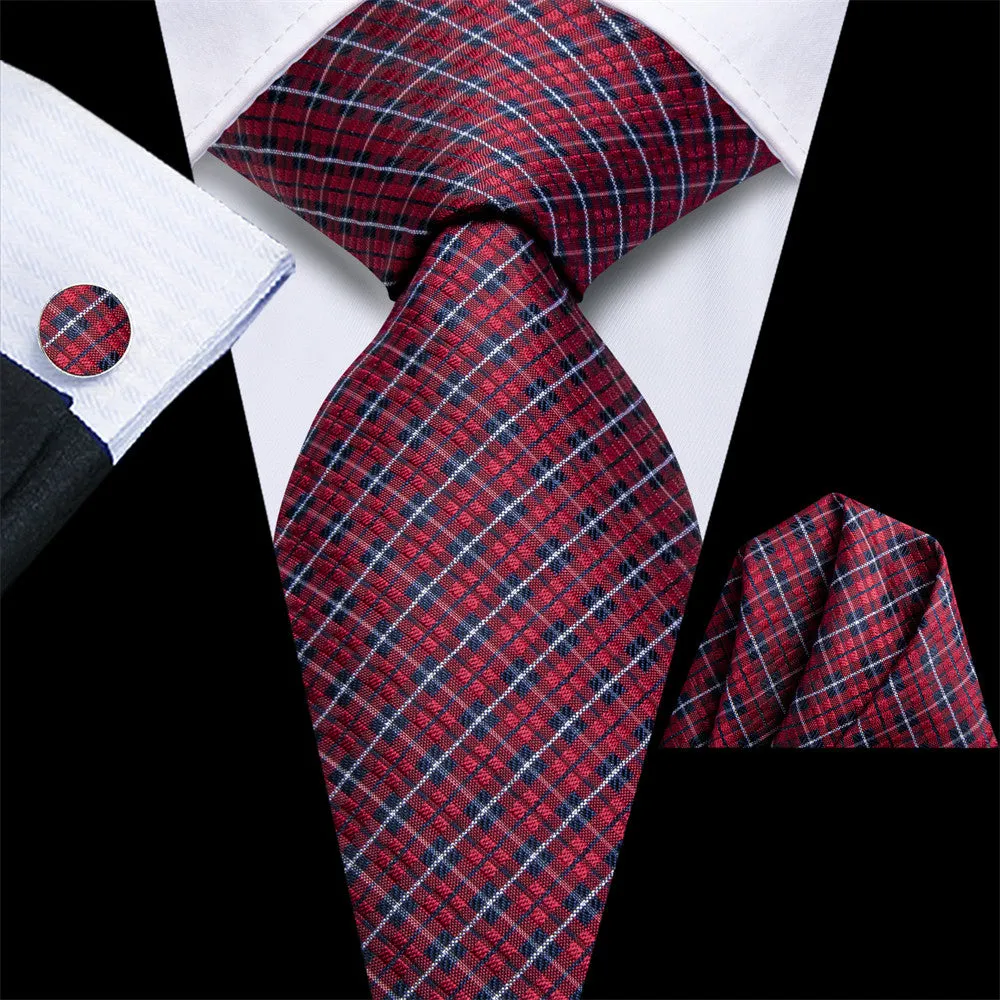 Hi-Tie Dark Red Plaid Silk Mens Dress Tie Hanky Cufflinks Set