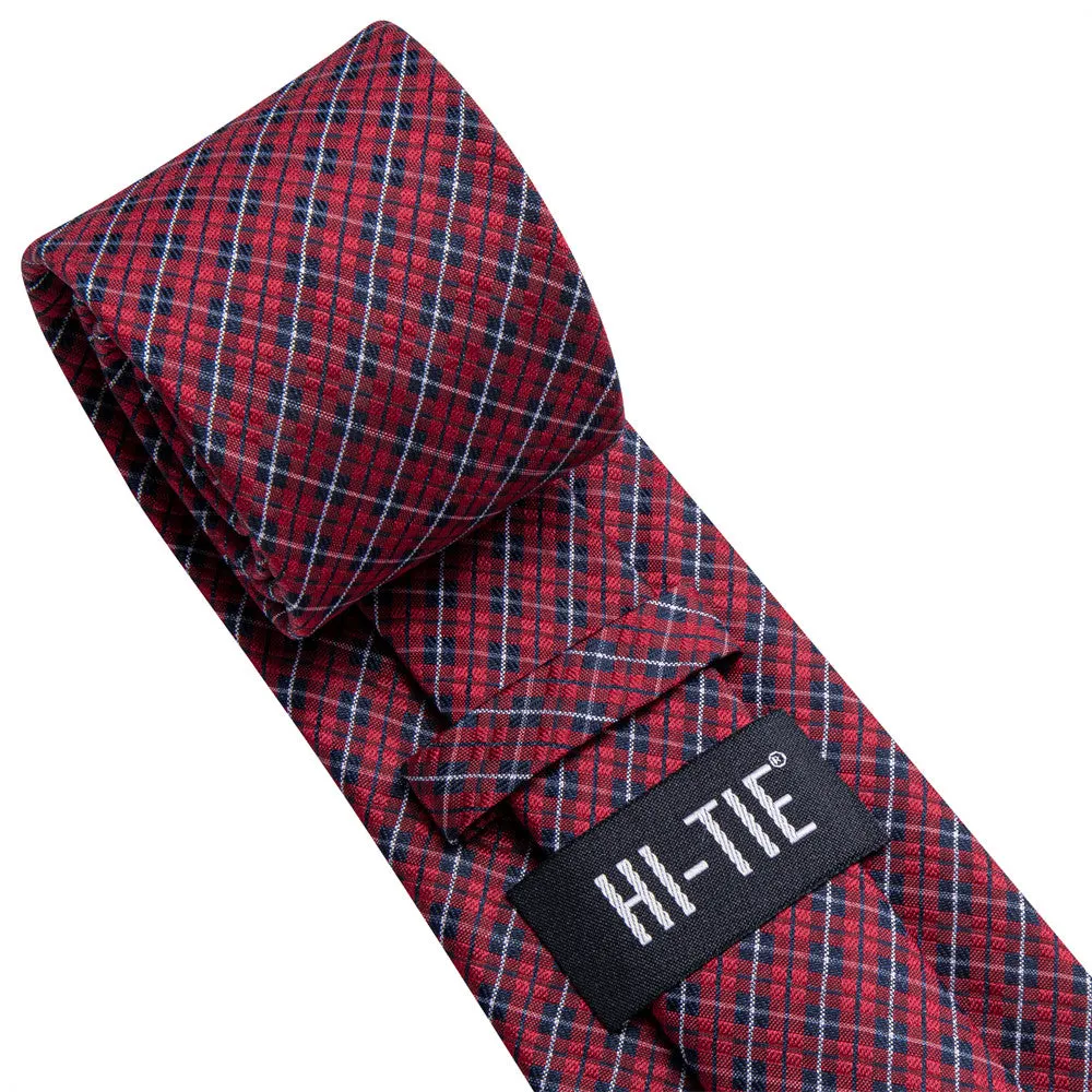 Hi-Tie Dark Red Plaid Silk Mens Dress Tie Hanky Cufflinks Set