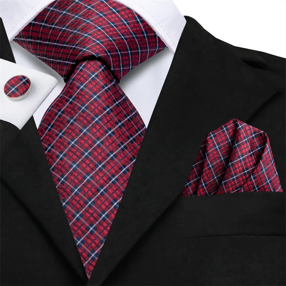 Hi-Tie Dark Red Plaid Silk Mens Dress Tie Hanky Cufflinks Set