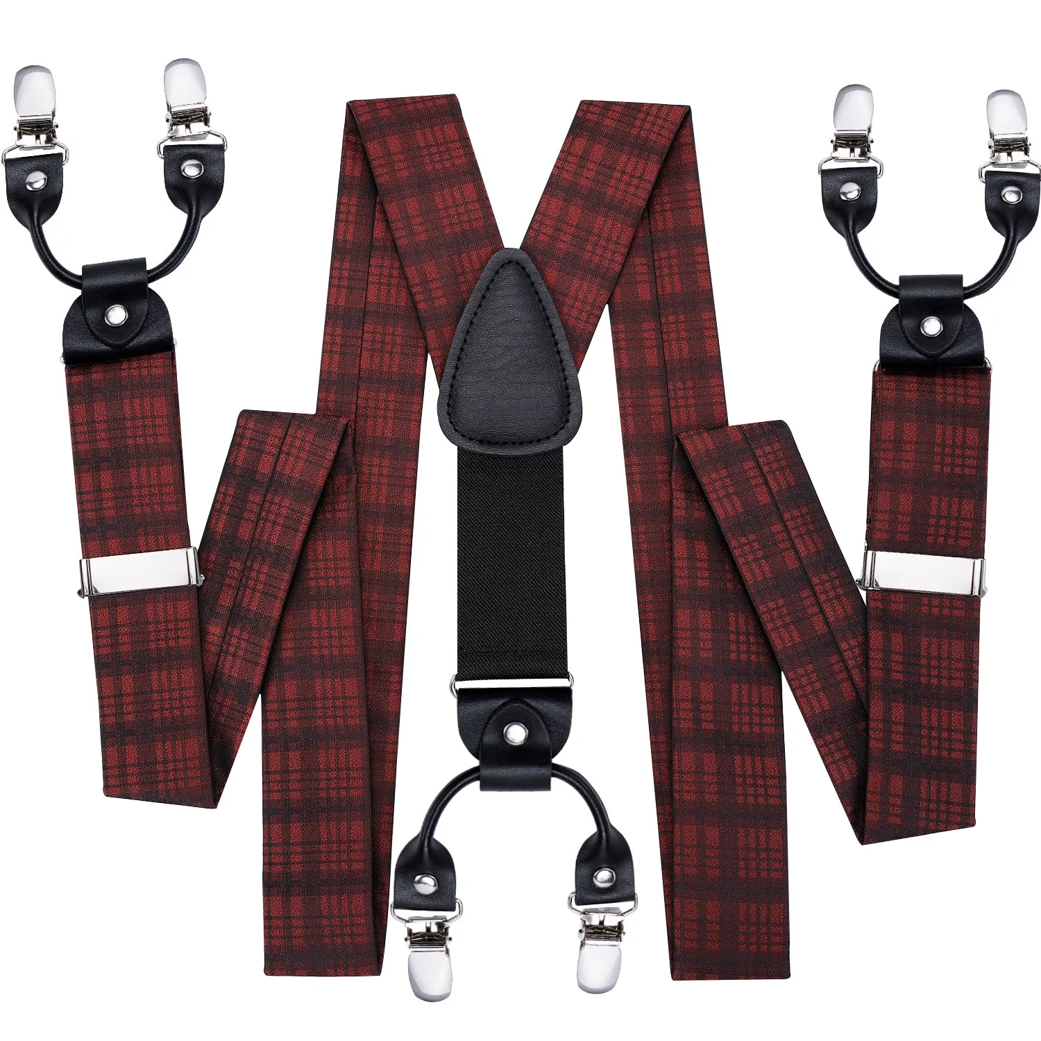 Hi-Tie Dark Red Plaid Stripe Suspender Bowtie Handkerchief Cufflinks Set