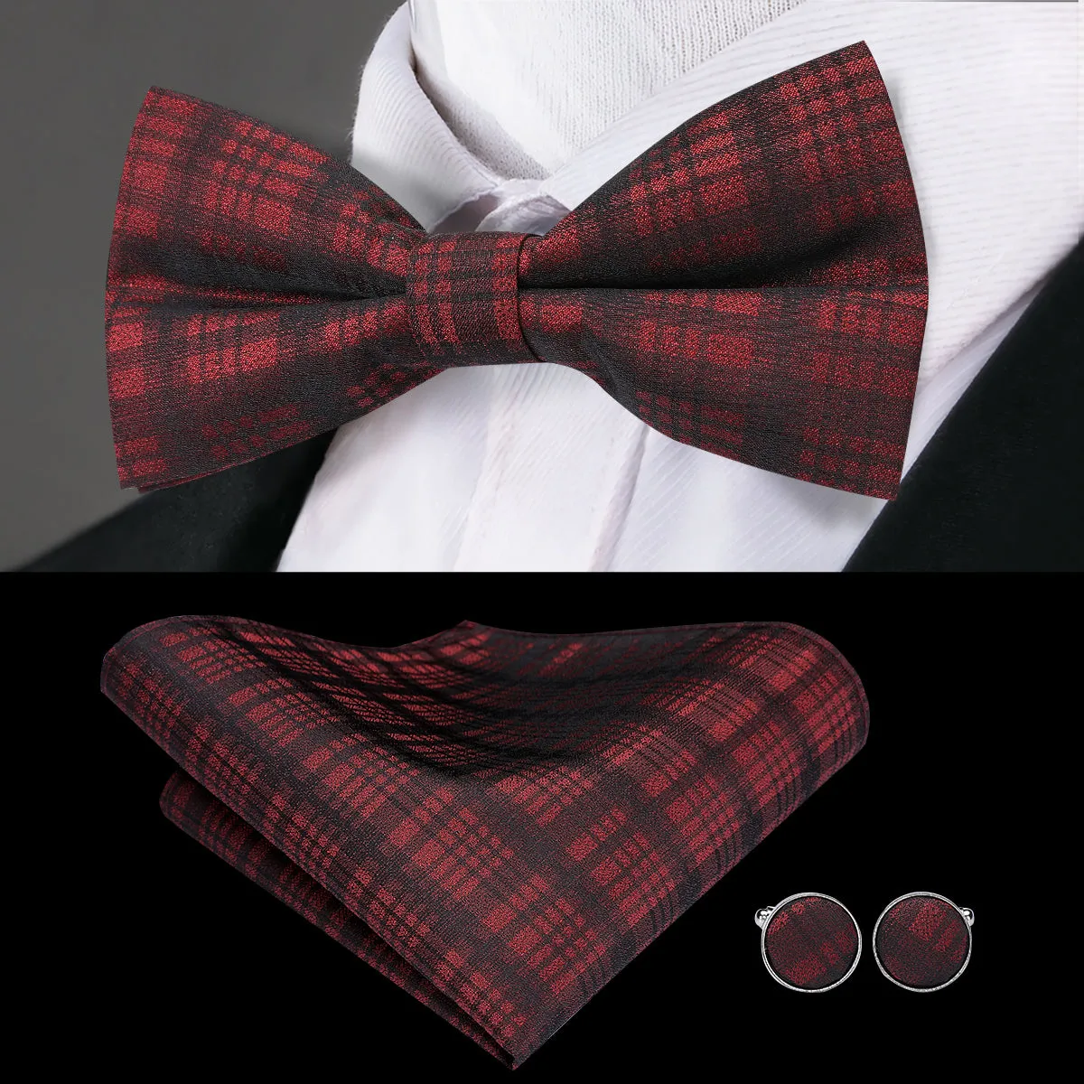 Hi-Tie Dark Red Plaid Stripe Suspender Bowtie Handkerchief Cufflinks Set