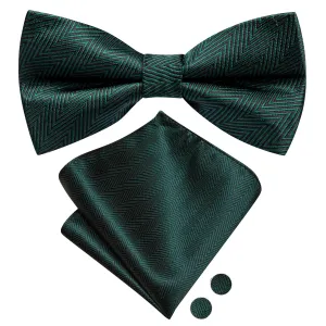 Hi-Tie Deep Green Novelty Pre-tied Bow Tie Hanky Cufflinks Set