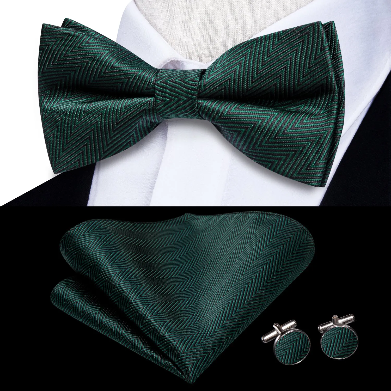 Hi-Tie Deep Green Novelty Pre-tied Bow Tie Hanky Cufflinks Set