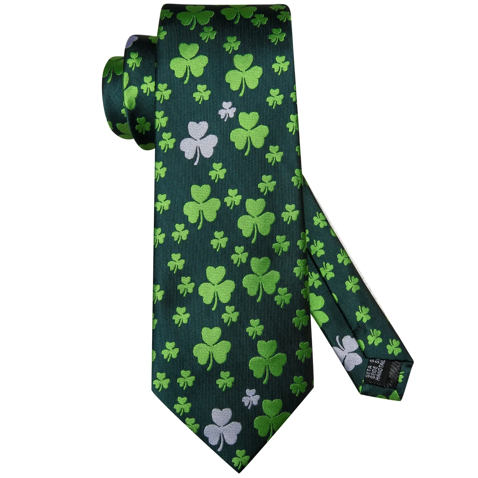 Hi-Tie Deep Green Shamrock Novelty Pattern Silk Mens Tie Pocket Square Cufflinks Set