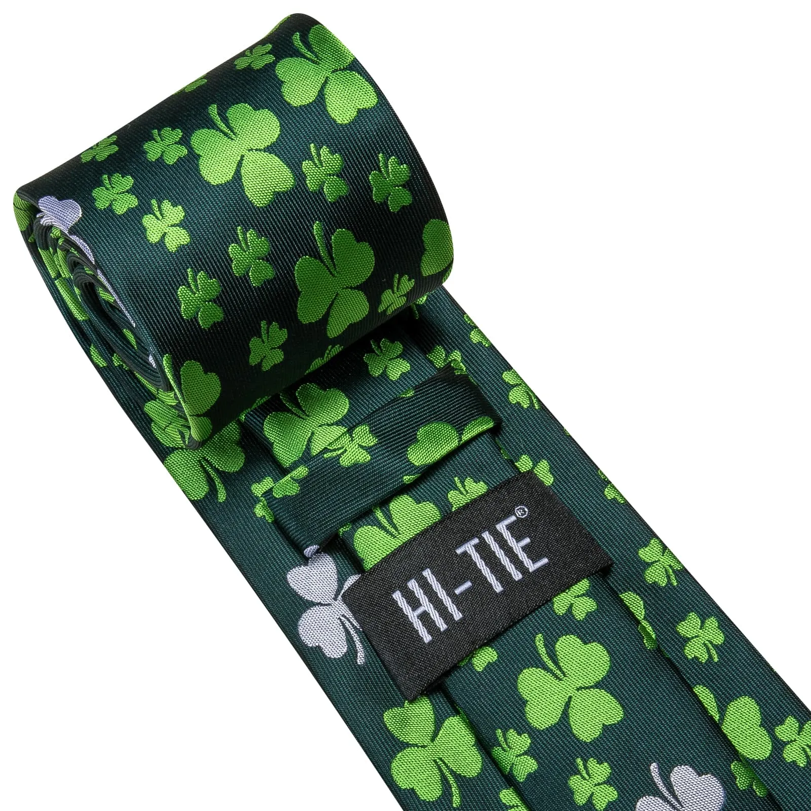 Hi-Tie Deep Green Shamrock Novelty Pattern Silk Mens Tie Pocket Square Cufflinks Set