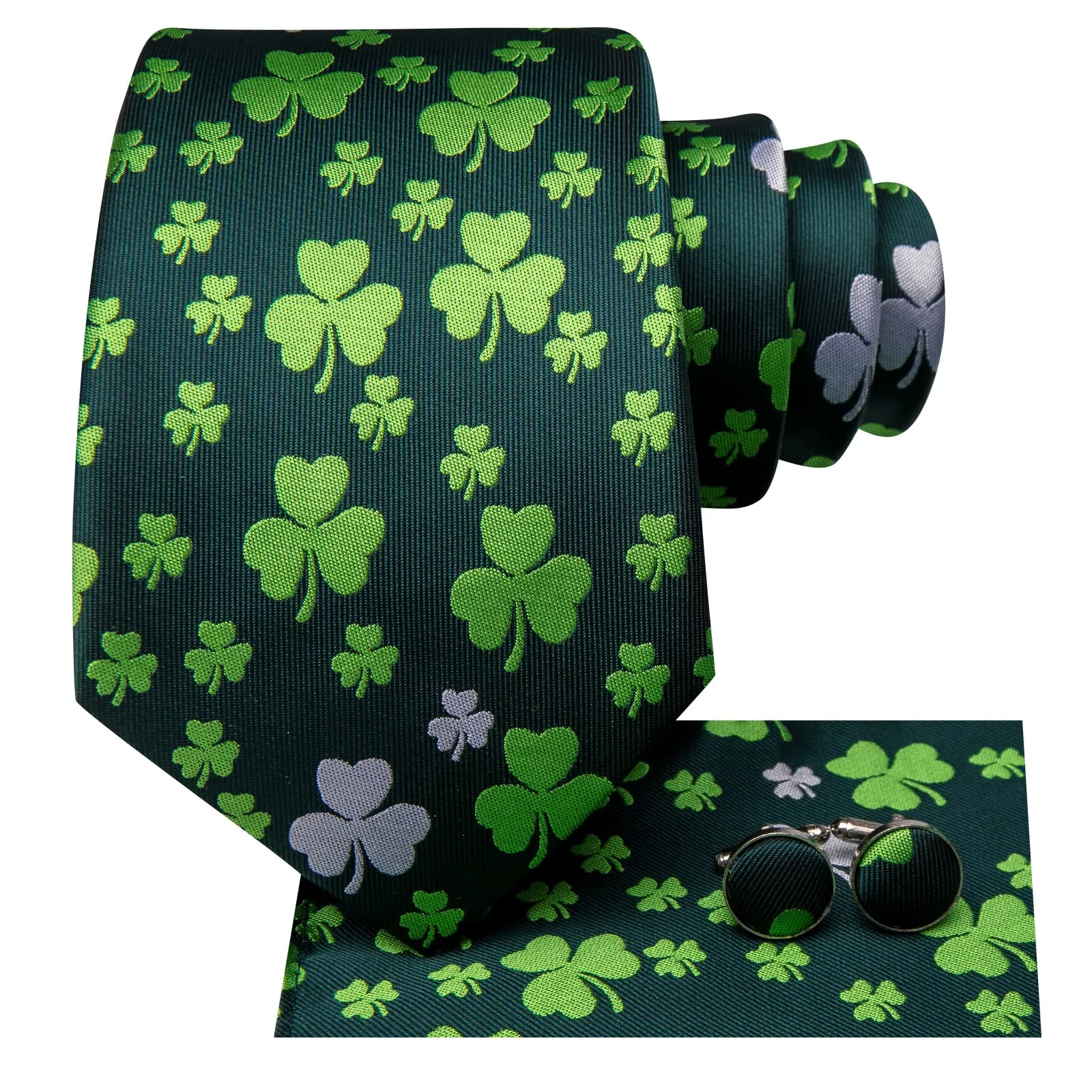 Hi-Tie Deep Green Shamrock Novelty Pattern Silk Mens Tie Pocket Square Cufflinks Set