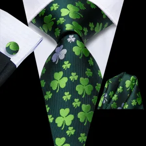 Hi-Tie Deep Green Shamrock Novelty Pattern Silk Mens Tie Pocket Square Cufflinks Set