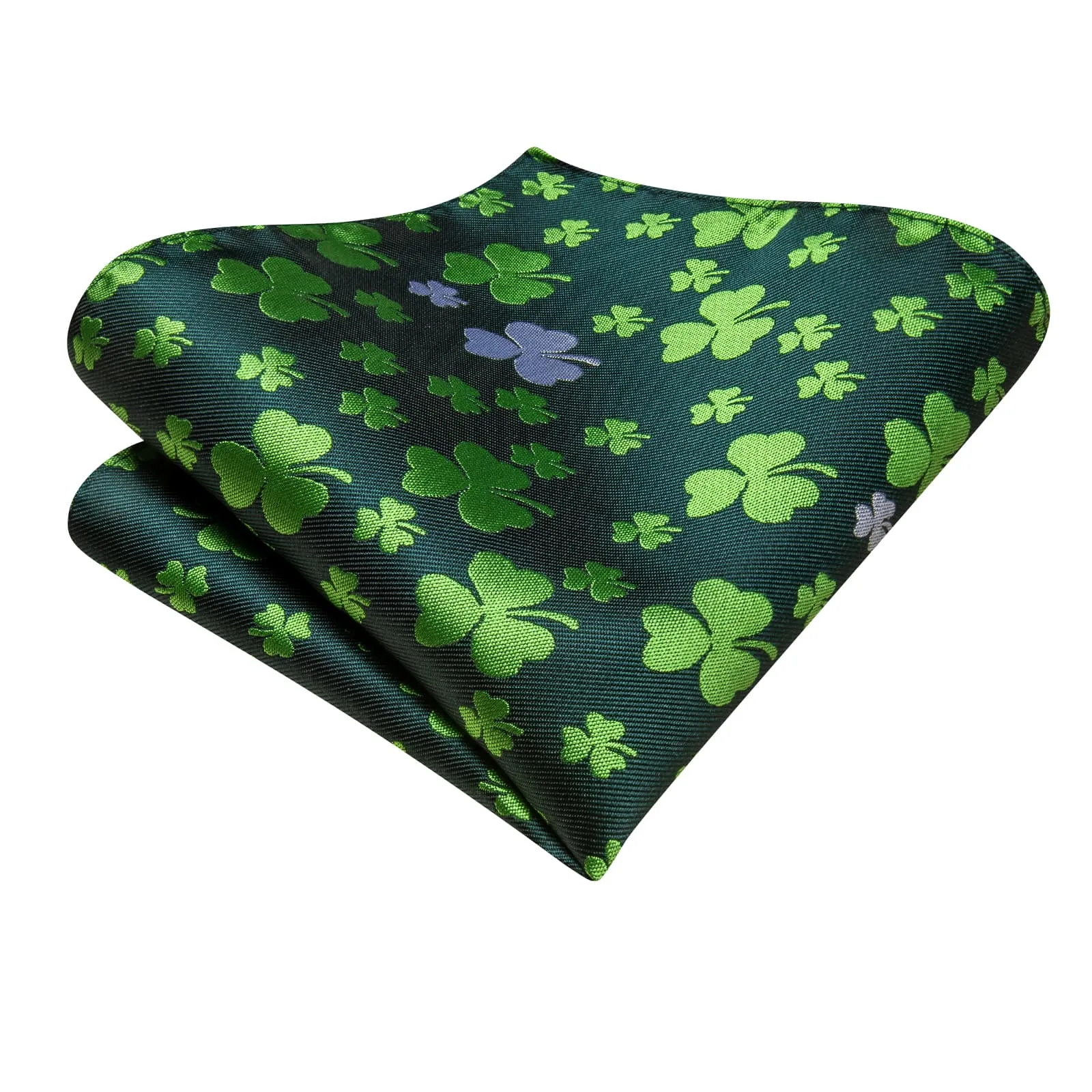 Hi-Tie Deep Green Shamrock Novelty Pattern Silk Mens Tie Pocket Square Cufflinks Set