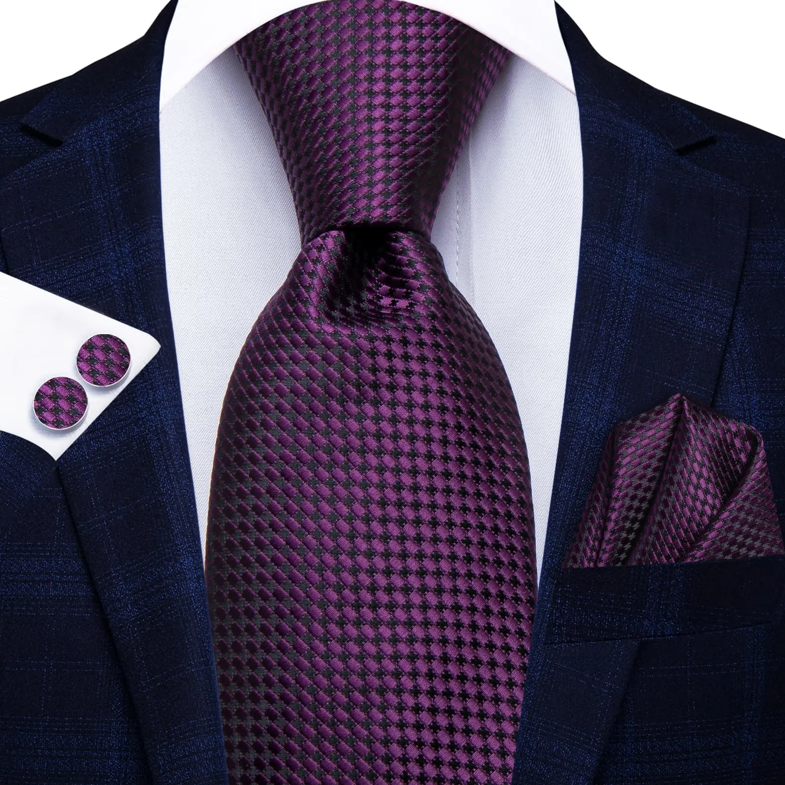 Hi-Tie Deep Purple Plaid Silk Men's Necktie Pocket Square Cufflinks Set