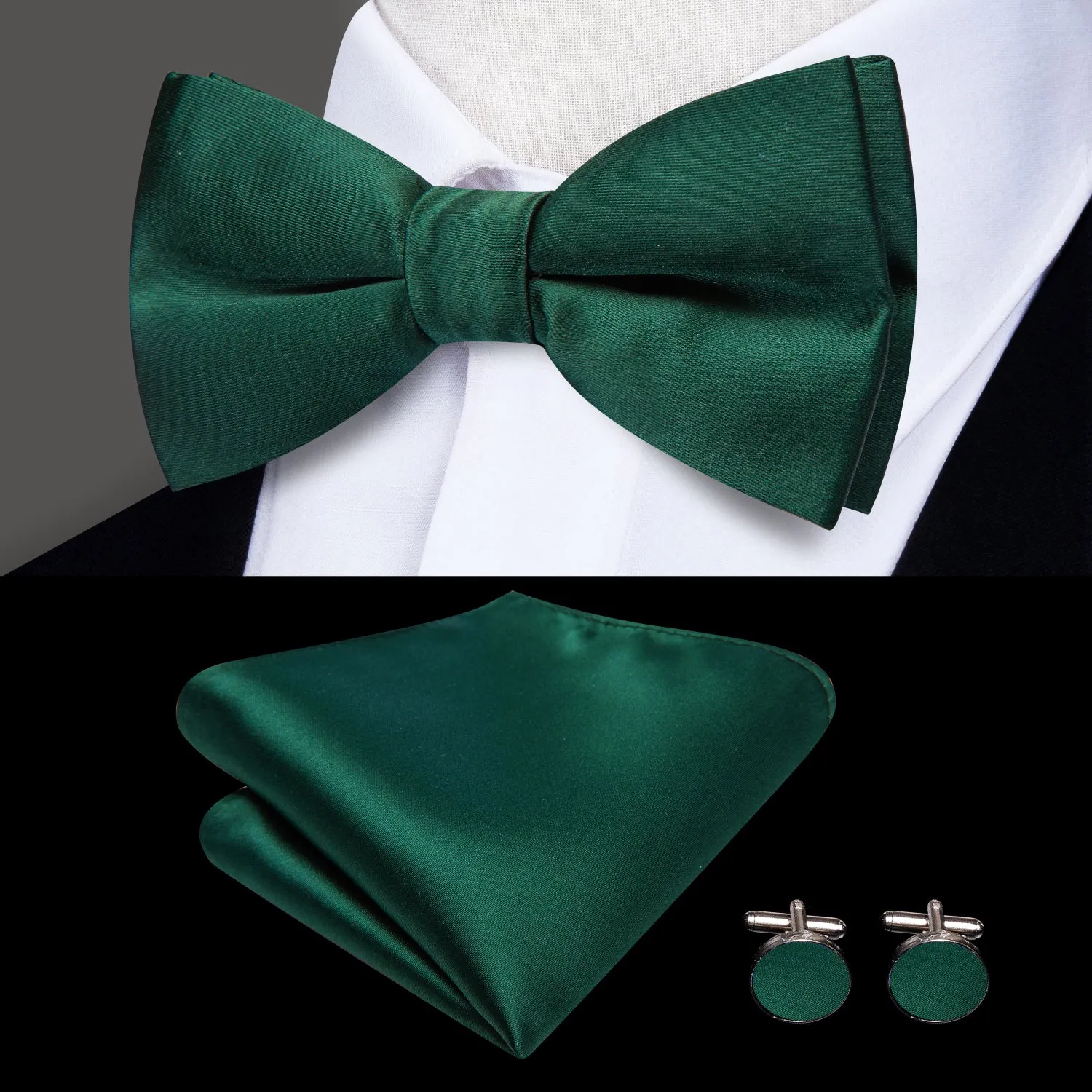 Hi-Tie Emerald Green Solid Silk Suspender Bowtie Hanky Cufflinks Set